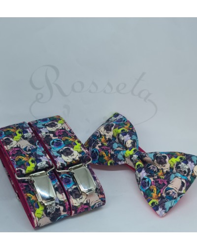 Conjunto Pajarita y Tirantes Perros Pug Multicolor
